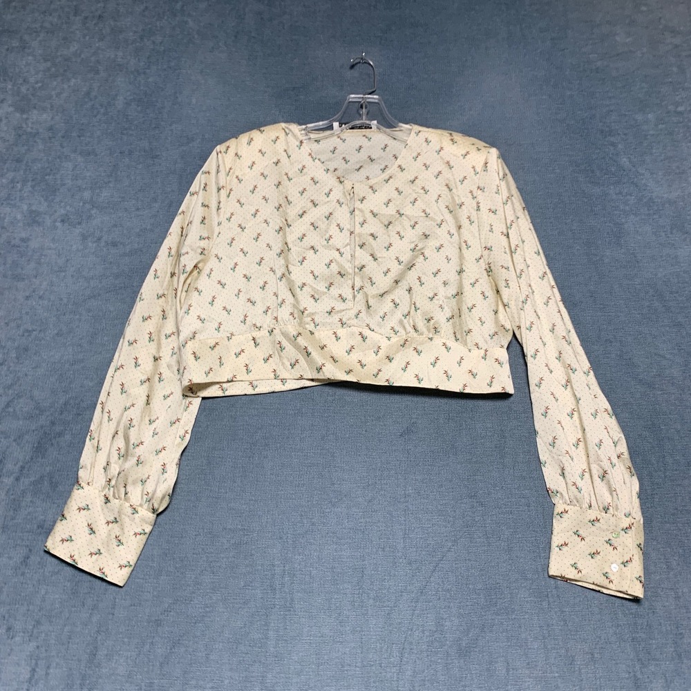 Zara Cropped Blouse Top Womens XL Beige Floral Dotted Round Neck Casual Wear